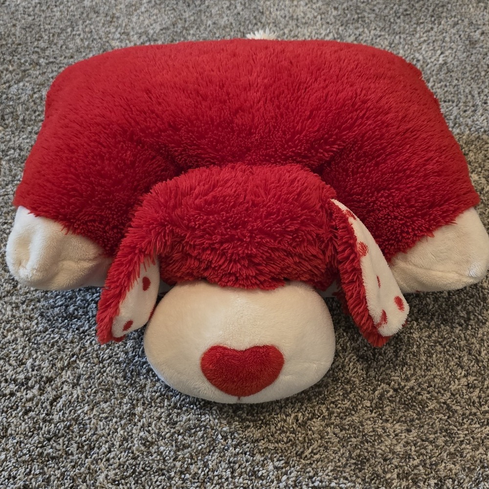 Pillow Pets 2009 Fluffy Soft Dog Puppy‎ Red White Plush Heart Nose Ears 19" Lg